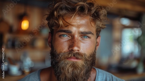 Bearded man trimming his beard at home, fail.