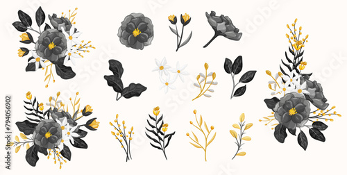 Black Flower floral Watercolor Illustration
