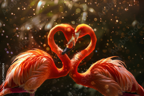Two flamingos engage in a courtship dance.