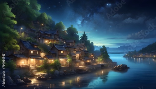 A lovely nighttime view of shimmering trees, water, and a village