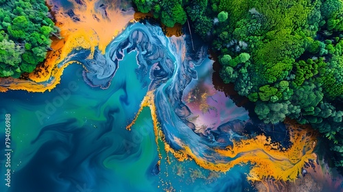 Industrial Waste Contrast: A Dramatic Aerial Shot of a River's Pollution