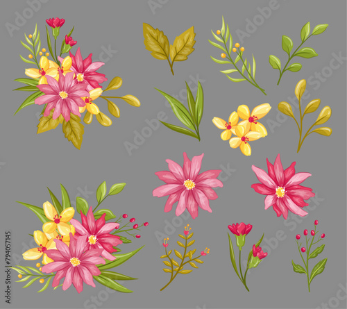 Pink and Yellow Flower floral Watercolor Illustration 