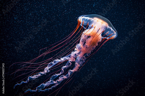 A translucent jellyfish pulses rhythmically through the depths of the ocean.