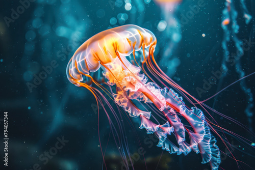 A translucent jellyfish pulses rhythmically through the depths of the ocean.