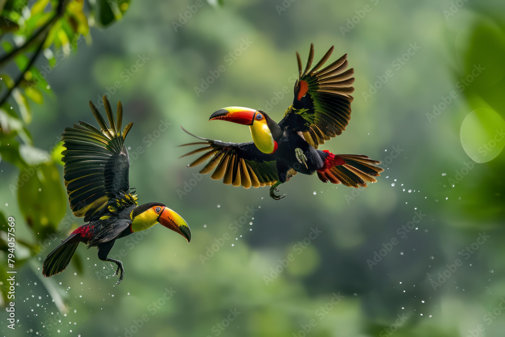 Fototapeta premium A pair of toucans engage in a playful game of tag.
