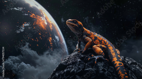 Stunning image of a lizard in vibrant orange and black, surrounded by a space background photo