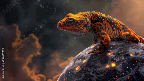 Stunning image of a lizard in vibrant orange and black, surrounded by a space background photo
