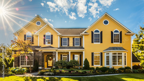 A sunny mustard yellow house with traditional windows and shutters brightens up the suburban landscape, adding a touch of cheer to the neighborhood on a beautiful day. photo