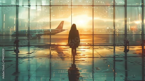 Young woman tourist along in airport gangway next to windows with airplane in the background waiting photo