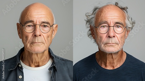 An isolated white background illustrates a bald man before and after hair transplantation.