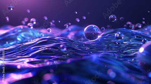 3D waves with floating orbs moody blue and purple lighting