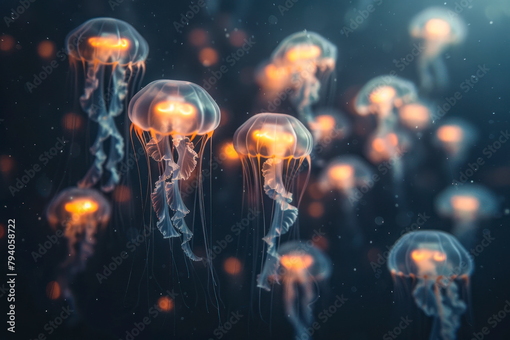 A bloom of jellyfish drifts lazily with the ocean currents. A bloom of jellyfish drifts lazily with the ocean currents.