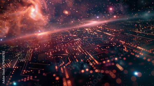 A circuit board with glowing binary code etched onto its surface, set against a backdrop of swirling nebulas and distant galaxies. 