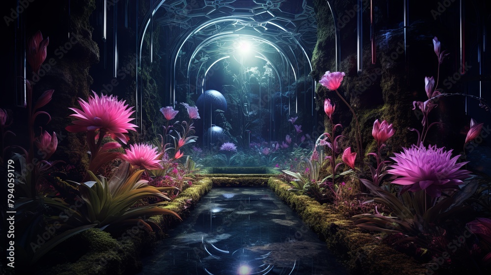 A surreal, symmetrical garden where flowers glow with internal luminism light, realistic textures mixed with innovative, dreamlike growth patterns