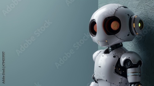 The robot peeks out from behind the corner banner on a blue background © DZMITRY