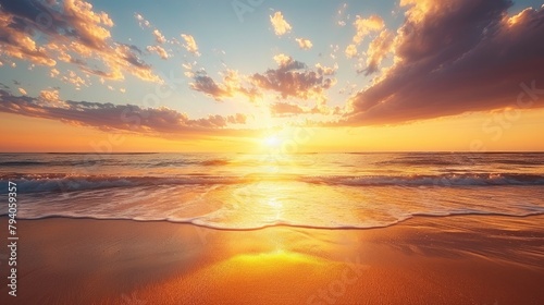 A golden sunset over the ocean, casting warm hues across the sky and reflecting on the sand of an empty beach. © Pic Pic