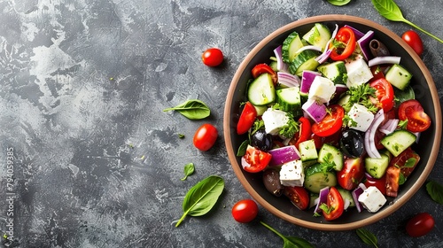 Fresh greek salad with tomato, cucumber, bel pepper , olives and feta cheese on black plate photo