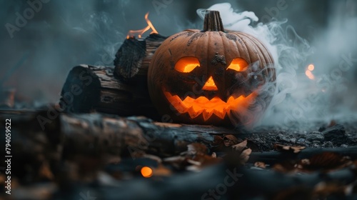 A photo of an orange pumpkin with the carved face glowing, sitting on top of some firewood in front of it is smoke coming out from under its carving