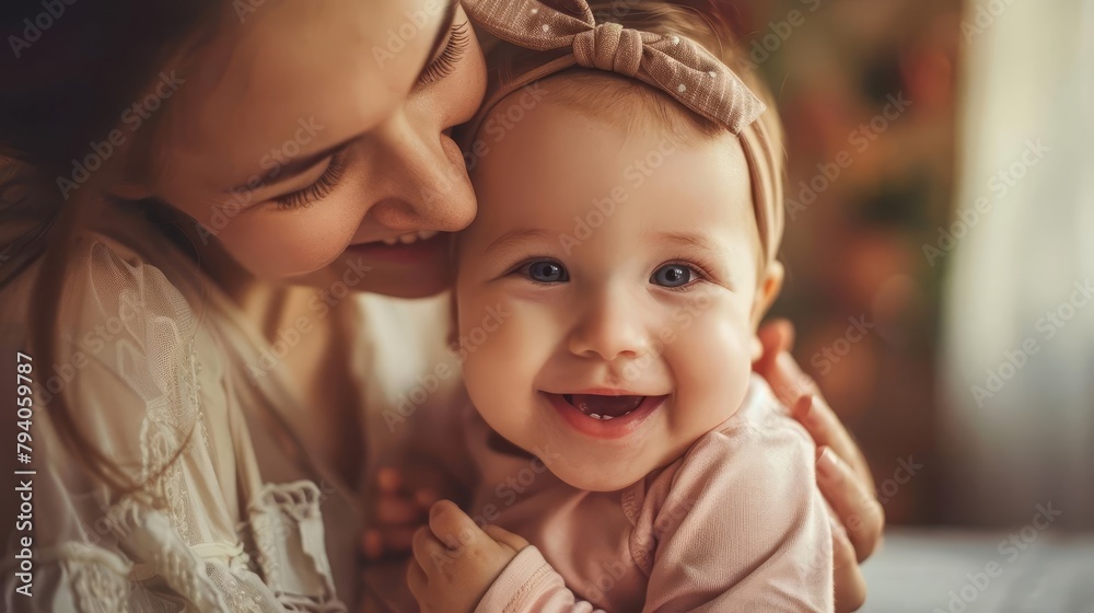 happy mother lovingly embracing baby girl affectionate family portrait