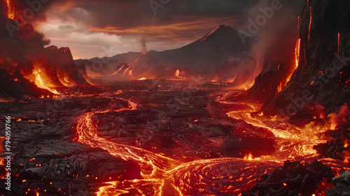 A lava filled landscape with a volcano in the background