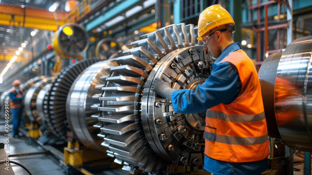 Engineer inspecting turbine components in a factory Engineer inspecting turbine components in a factory