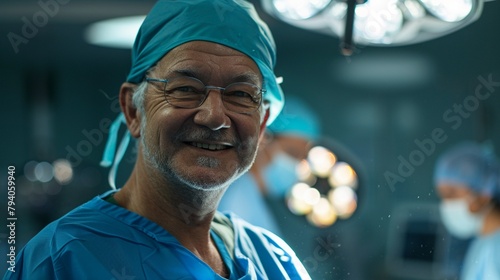 Surgeon with a smile operating room blue