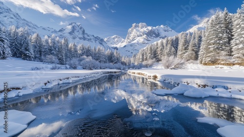 A photograph of the Italian Alps in winter, snowcovered trees and mountains reflecting on still water near Lys lavender lake with small river flowing through it © Huyen