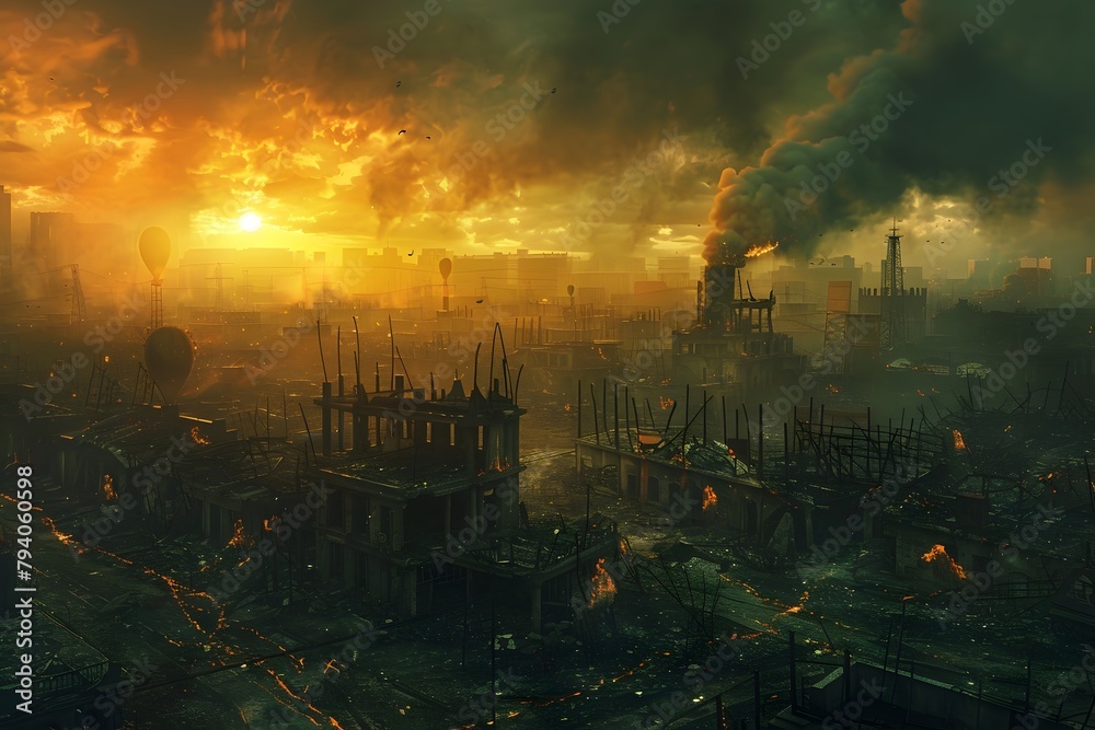 Whimsical and apocalyptic cityscape depicting a world where every action produces energy,leading to the emergence of a black market for illicit