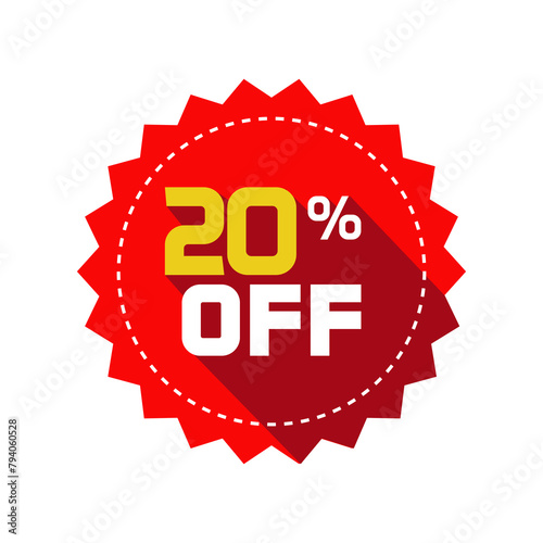 Sale tag vector badge template, 20 off sale label symbol, 20% discount promotion flat icon with long shadow, twenty clearance sale sticker emblem, bargain red sign rosette design isolated on white