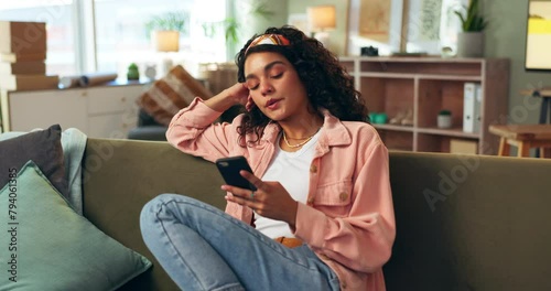 Home, bored and woman with smartphone, typing and slow internet with social media, waiting for message and doom scrolling. Apartment, person and girl, cellphone and digital app with fatigue and tired