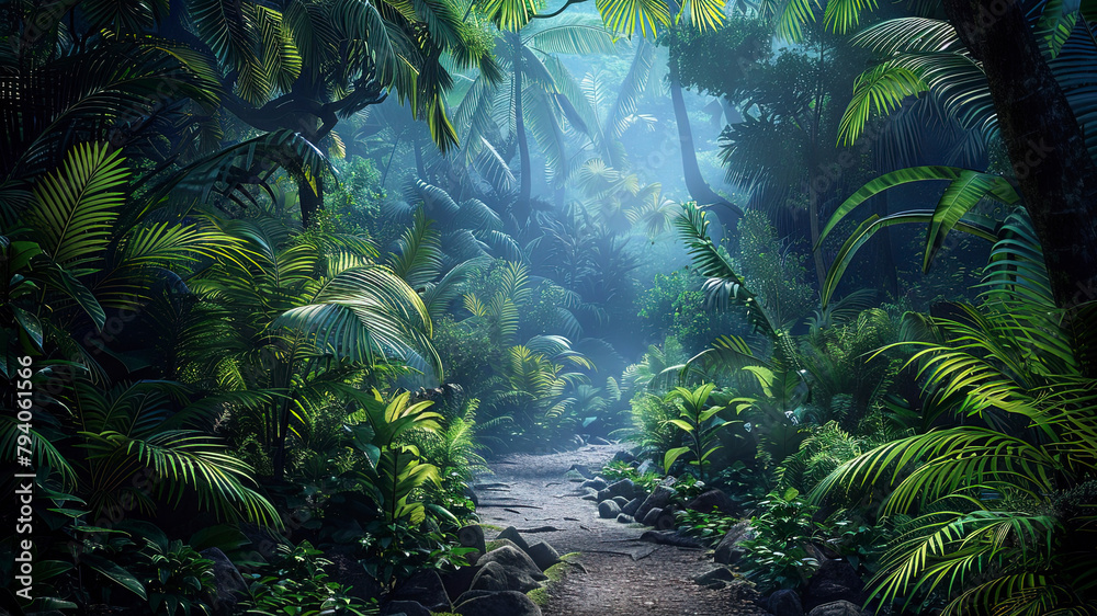 panoramic view of the tropical jungle, tropical forest scenery, tropical green landscape