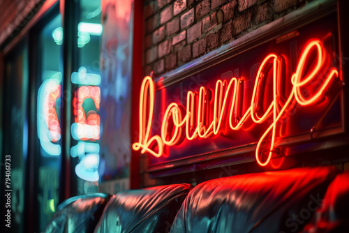 Close-up of a glowing neon sign displaying the word "Lounge".