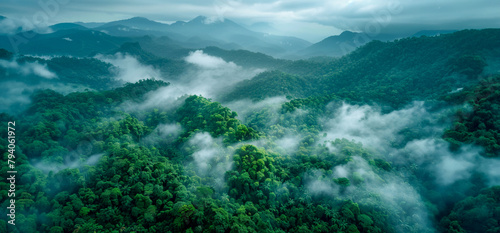 Misty mountain landscape with lush greenery and clouds © Mr. Stocker