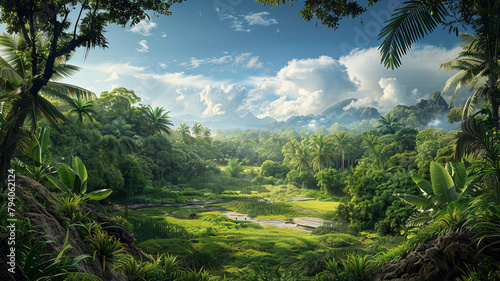 panoramic view of the tropical jungle, tropical forest scenery, tropical green landscape