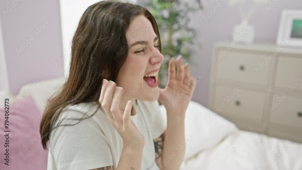 Excited young woman in pyjamas sitting on bed, joyfully celebrating her big win. arms raised in victorious triumph, proudly yelling 'yes!' from her bedroom. Excited young woman in pyjamas sitting on bed, joyfully celebrating her big win. arms raised in victorious triumph, proudly yelling 'yes!' from her bedroom.