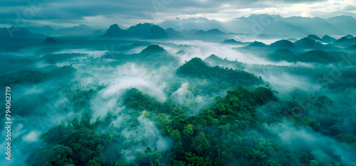 Misty mountain landscape with lush greenery and clouds