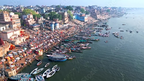 Varanasi from drone, Ganga, Benares, holy city of India