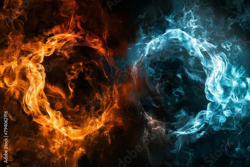 fiery orange and icy blue circle in dramatic clash on black background ai generated abstract illustration