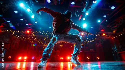 Hip Hop dancer dancing on a stage in neon colors. The young man is likely showcasing his dancing skills in a performance setting. Modern dance  clothing  performance art  and music.