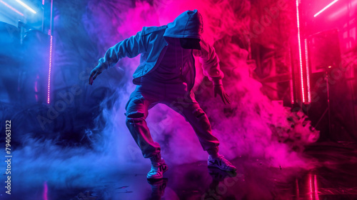 Hip Hop dancer dancing on a stage in neon colors. The young man is likely showcasing his dancing skills in a performance setting. Modern dance, clothing, performance art, and music.