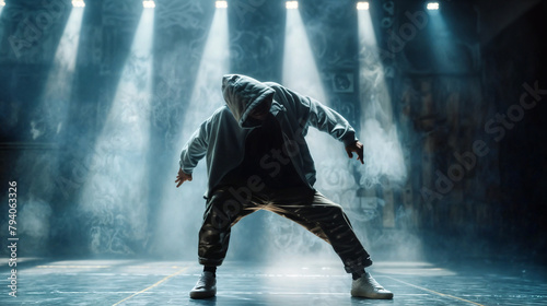 Hip Hop dancer dancing on a stage in dark colors. The young man is likely showcasing his dancing skills in a performance setting. Modern dance, clothing, performance art, and music.