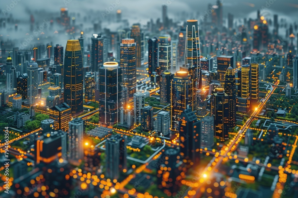Digital illustration of a smart citys infrastructure, highlighting renewable energy sources, smart grids, and IoT devices