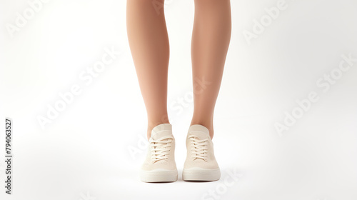 An isolated image of a woman's legs wearing beige socks on a white background