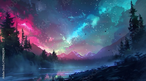 Background with colorful aurora, clouds and stars