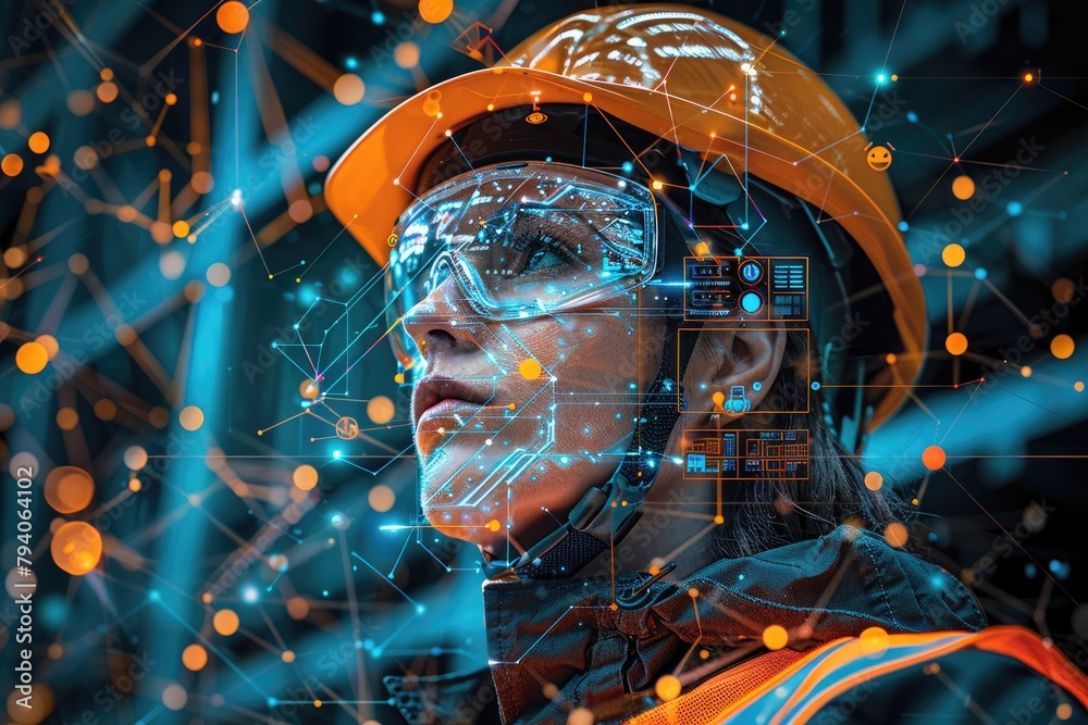 Fototapeta premium Illustration of a construction worker wearing a hard hat, high-visibility vest, safety goggles, and steel-toe boots, with icons highlighting each safety feature