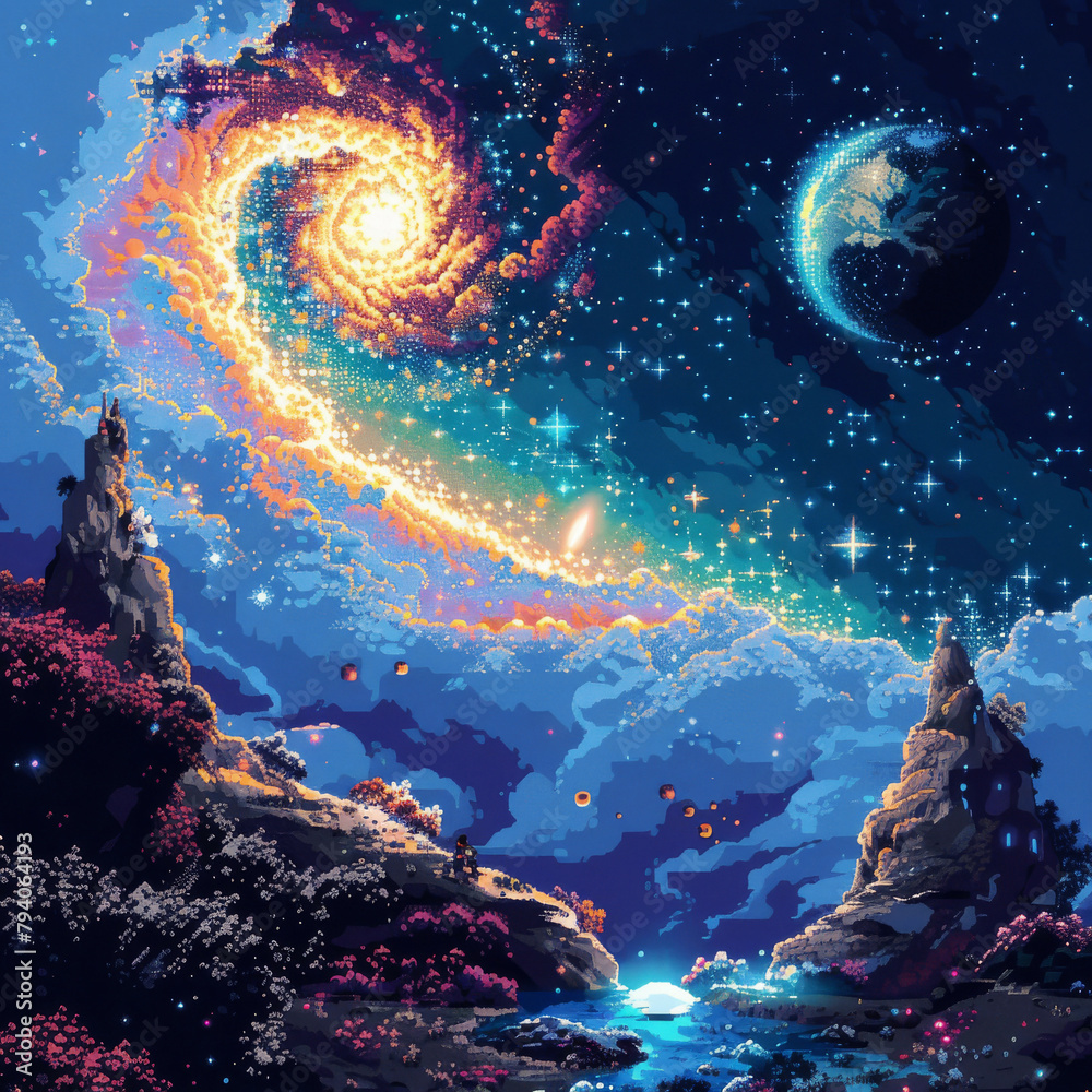 Fototapeta premium StellarPixel Galaxy A Celestial Journey in 16Bit