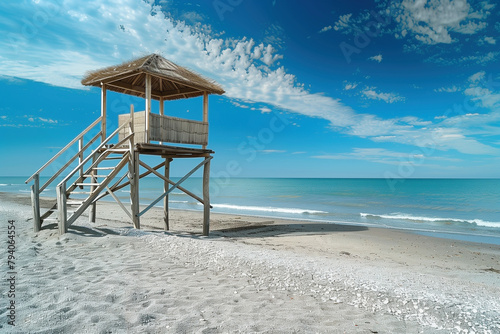 A wooden shelter on high stilts on the beach