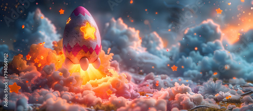 Whimsical Egg Shaped Rocket Spacecraft Blasting Off into Vibrant Cosmic Skies