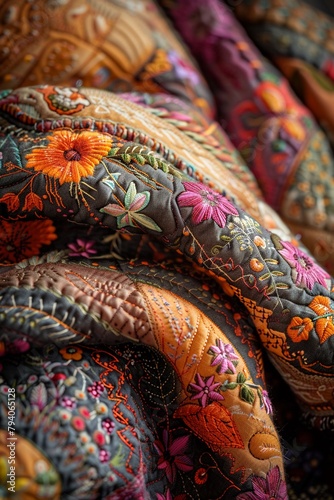 Old quilt fabric, macro, warm hues, intricate patterns for a cozy vintage wallpaper