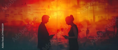 Silhouettes of man and woman on phones symbolizing technology addiction and loneliness. Concept Silhouettes, Technology Addiction, Loneliness, Man, Woman